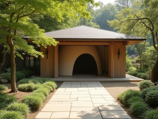 鈴虫窯の趣のある外観。伝統的な日本の建築と自然が調和している。