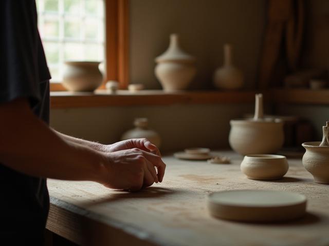 鈴虫窯の工房内で制作に励む職人の手元。温かい色合いの照明が当たるろくろと粘土